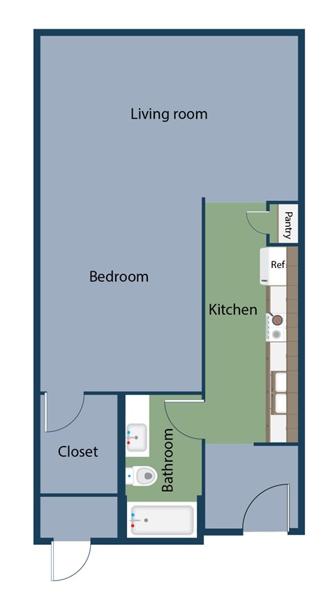 A floor plan of a small apartment with a living room, bedroom, kitchen, bathroom, and closet.
